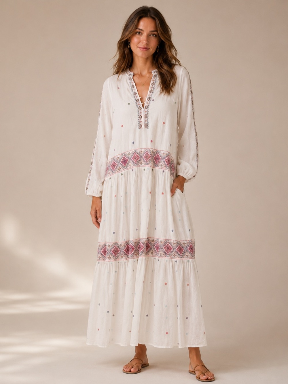 NWT Zara Long Embroidered Kaftan Dress Boho Summer Resortwear Vacation Size L